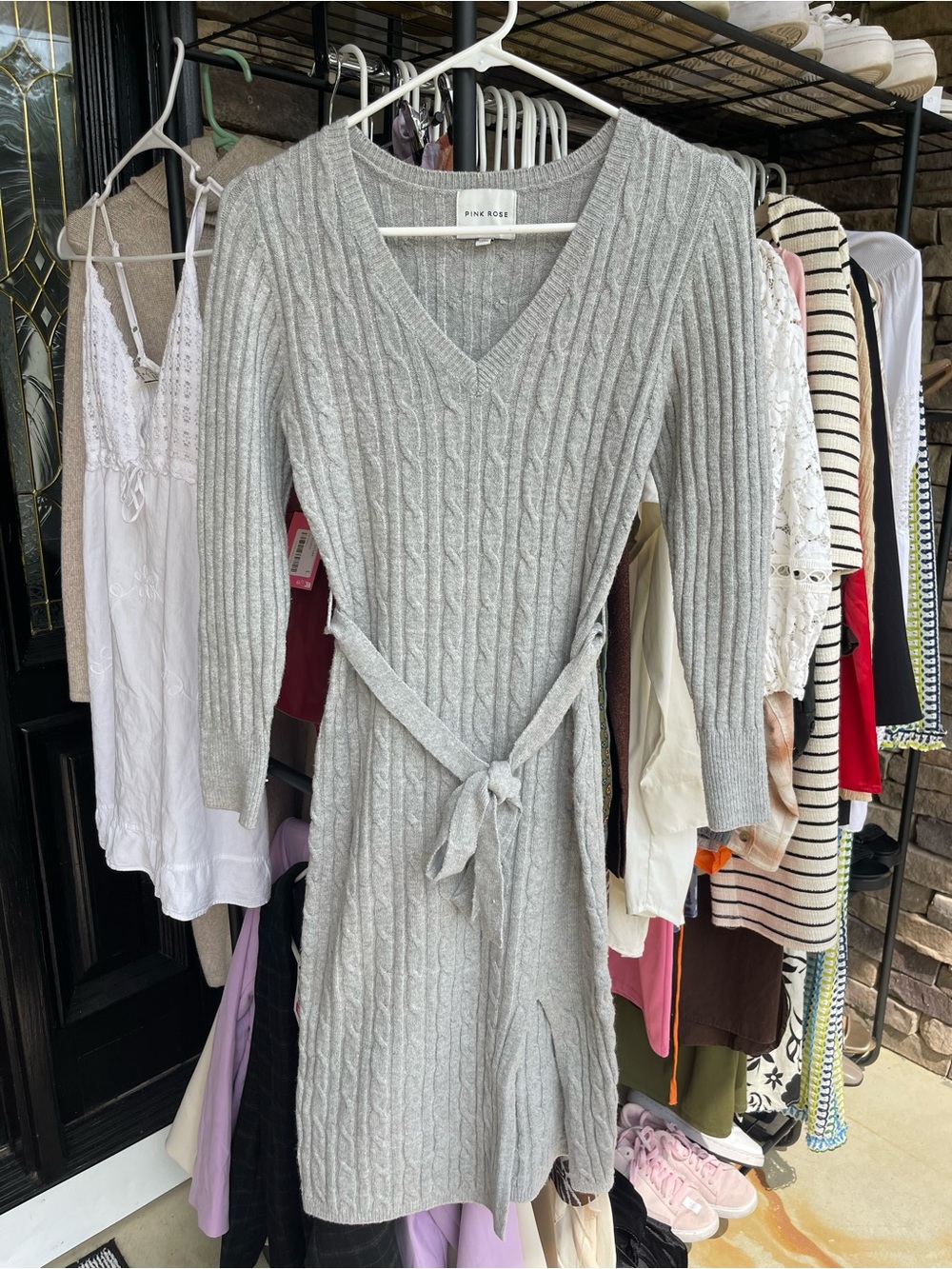 Pink Rose Light Gray Cable Knit V-Neck Midi Dress with Tie Belt